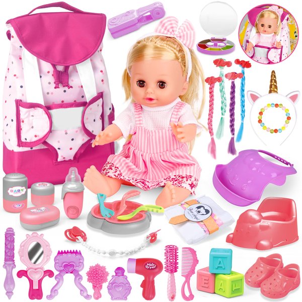Baby Care & Hair Salon Doll Toy Set, 36PCS Doll Playset, Pretend Play Toddler Doll Toys Incl 14'' Baby Doll Toy, Backpack, Hair Dryer, Hair curler, Xmas Gifts for Age 3 4 5 6+ Years Old Girls Kids