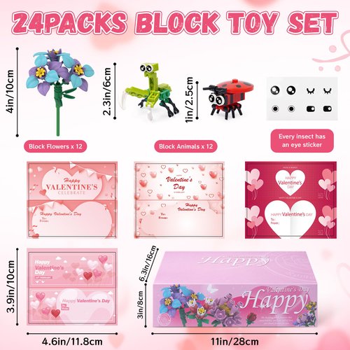 KOPHINYE Valentines Cards for Kids Classroom , Insects Building Blocks and Flower Building Blocks, Valentines Day Gifts for Kids, Valentine Party Favors Exchange Gifts School, Party Favors
