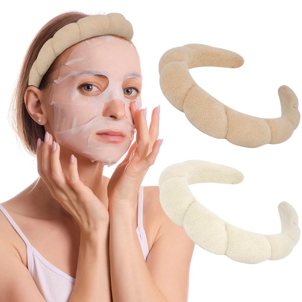 AMCAMI 2 PCS Puffy Spa Headband for Women Sponge Headbands for Girls Terry Towel Cloth Fabric Head Band for Skincare, Makeup Removal, Face Washing, Facial Mask, Shower, Hair Accessories (Beige&Light coffee)