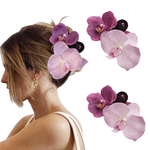 Hawaiian Flower Claw Clips 2Pcs Flower Hair Clips for Thick Hair Purple Orchid Hair Claw for Teens Women Summer Y2K Glitter Butterfly Clip Headpiece Hair Accessories
