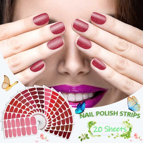 SILPECWEE 16 Sheets Red Nail Polish Stickers Full Nail Wraps for Women Nail Polish Strips Gel Nail Strips Self Adhesive Solid & Glitter Manicure Design Fingernail Sticker Nails with Nail File