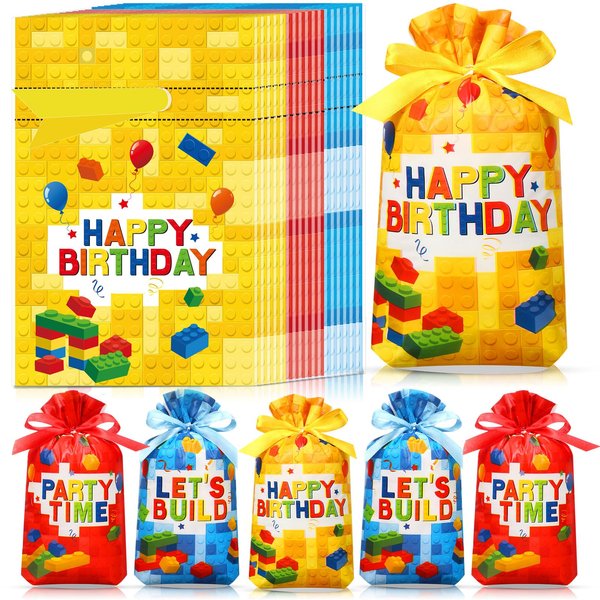 Bulyoou 60 Pcs Building Block Bags Building Blocks Birthday Bags Plastic Bricks Party Favor Bag Bricks Drawstring Candy Bag Bricks Goodie Bag Treat Bag for Gift Birthday Classroom Party Supplies