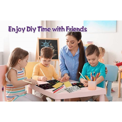 OMTOFUEN 36+9 Scratch Art Paper Kit with Pre-Outlined Template Customizable Paper 4 Follow Boards 8 Scratch Pens 12 Crayons 4 Velvet Clothes for up to 8 Kids Party Gift Birthday Christmas Halloween