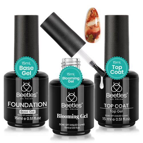 Beetles 3PCS Nail Blooming Gel & No Wipe Gel Base Top Coat Set, 15ML Shine Finish Long Lasting Top Base Gel Spreading Marble Effect Soak off UV LED Nail Gel Nail Art Design Manicure Gifts for Women