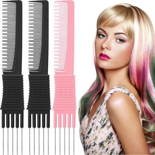 Leinuosen 3 Pack Carbon Lift Teasing Combs with Metal Prong, Salon Teasing Back Combs Carbon Comb with Stainless Steel Lift (Black, Pink)