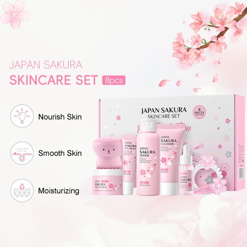 Skin Care Set - Japan-Sakura Skincare Gifts for Teenage Girls, Skin Care Sets & Kits with Cleanser, Toner, Serum, Cream, Eye Cream, Hairpin, Hair Rope, Cleansing Brush, Travel Kit for Birthday 8Pcs