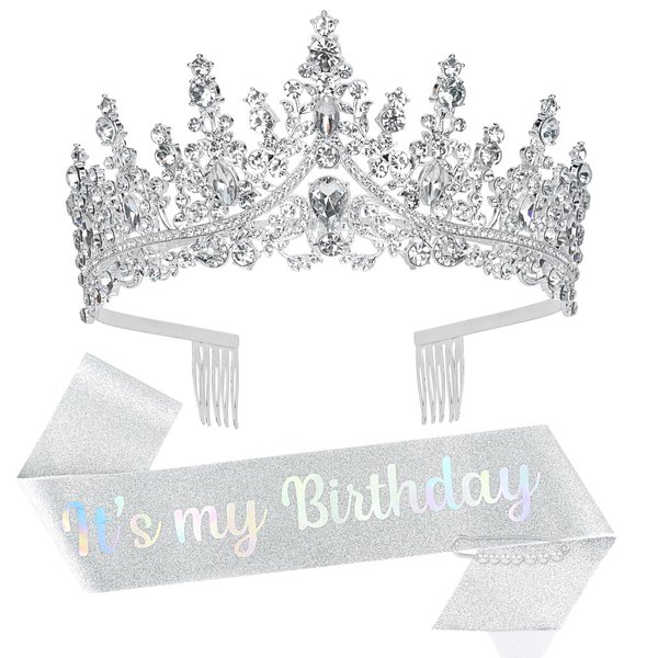 BAHABY Silver It's My Birthday Sash & Rhinestone Tiara Set Princess Birthday Sash and Tiara for Women Birthday Decorations Rhinestone Headband for Women Girls