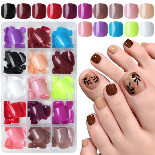 LuckForever 360pc Glossy Press on Toenails Short Square Fake Toe Nail Full Cover False Toenail Press on Toes Nails Acrylic Artificial Colored Toe Nail tips with Glue Adhesive Tabs & File for Women