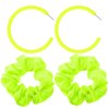 Neon Scrunchies & Neon Earrings 80s Neon Hair Accessories Elastic Neon Hair Scrunchies Neon Hoop Earrings for Women Girl Halloween Party Decorations,4Pack (Fluorescent Yellow)