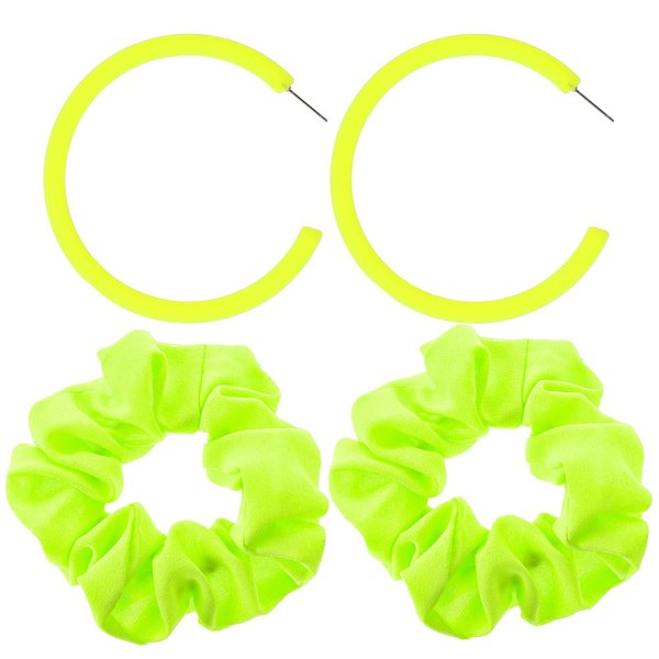 Neon Scrunchies & Neon Earrings 80s Neon Hair Accessories Elastic Neon Hair Scrunchies Neon Hoop Earrings for Women Girl Halloween Party Decorations,4Pack (Fluorescent Yellow)