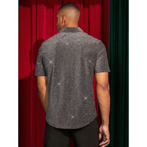 Verdusa Men's Glitter Button Down Shirt Short Sleeve Tops Silver XL