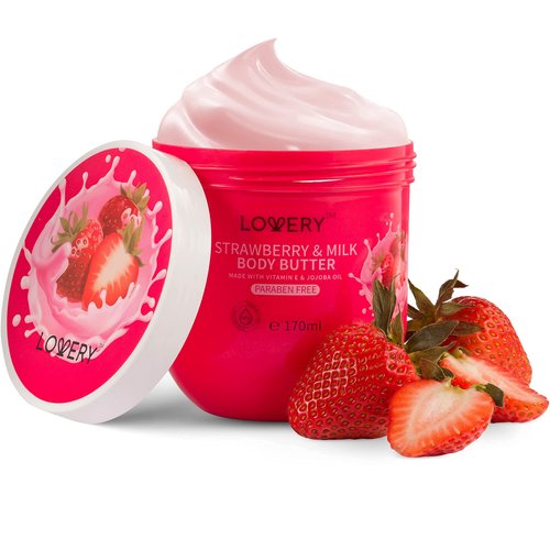 LOVERY Strawberry Milk Whipped Body Butter, 2-Pack Ultra-Hydrating Shea Butter Body Cream Enriched with Jojoba Oil and Vitamin E - Natural Skin Moisturizer for Men and Women - Normal to Dry Skin