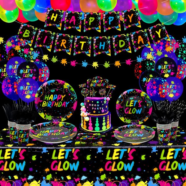225 Pieces Glow Neon Party Supplies - Neon Balloon, Glow in the Dark Birthday Banner, Garlands, Cake Topper, Tablecloth, Plates, Napkins and Cup for Blacklight Party Decorations, Serves 20 Guest