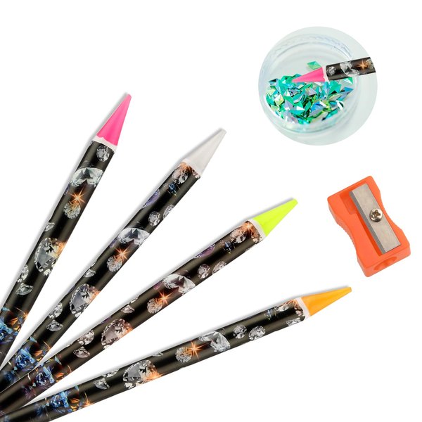 4Pcs Rhinestone Picker Tool Self Adhesive Wax Pencil Diamond Art Tools Rhinestone Applicator Nail Point Drill Pen Resin Picker Dotting for Nail Art DIY with Pencil Sharpener