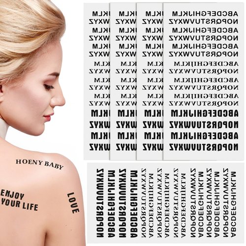 PAGOW 5 Sheets Temporary Tattoo Letters, Waterproof Fake Tattoos, Temporary Tattoo Stickers for Adults Men Women Face Body Fingers (Black)