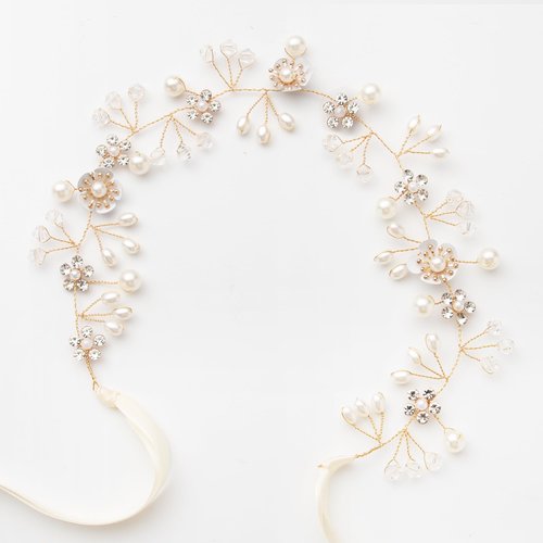 Girls Headband, Flower Girl Hair Accessories, Princess Crystal Pearl Hair Accessories, White Flower Headband Pearl Hair Accessories, Suitable for Girls and Flower Girl Bride Wedding Headpiece（Gold）