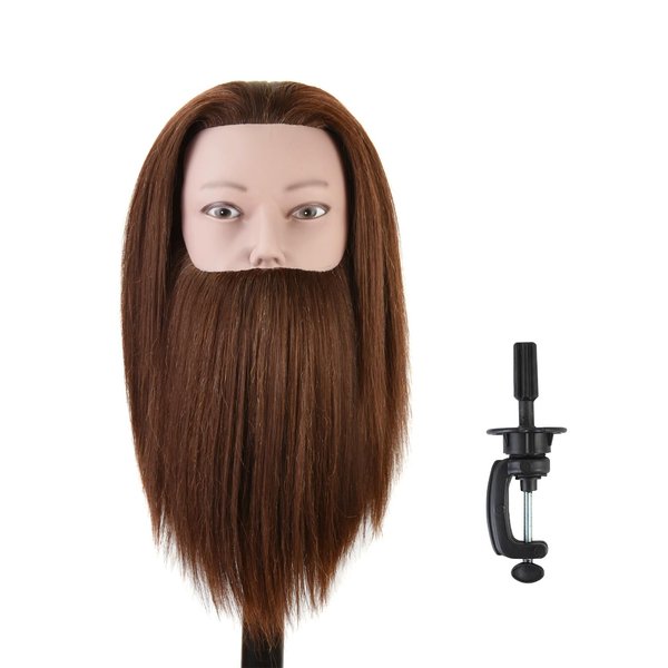 Male Mannequin Head 100% Human Hair Training Head 14 Inch Barber Mannequin Head Manikin Cosmetology Doll Head for Hair Styling and Practice with Wig Clamp Stand (with Beard,Brown)