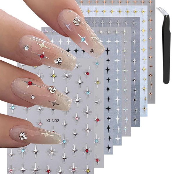 VOTACOS 8 Sheets Star Nail Art Stickers 3D Glitter Shiny Nail Decals Self-Adhesive Nail Art Supplies Gold Silver White Black Stars Nail Accessories for Women Manicure Decorations