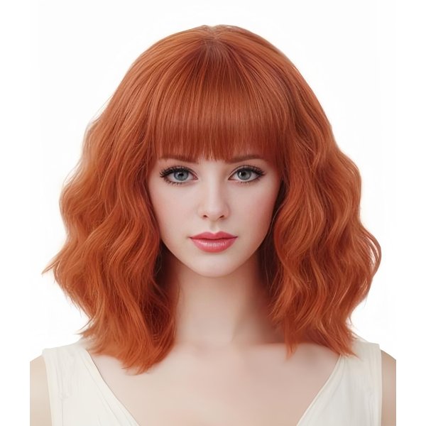 Rugelyss Short Auburn Wigs for Women Ginger Copper Red Pastel Wavy Bob Wig with Bangs 14 Inches Medium Length Water Wave Synthetic Hair for Daily Wear or Halloween Costume Cosplay Party