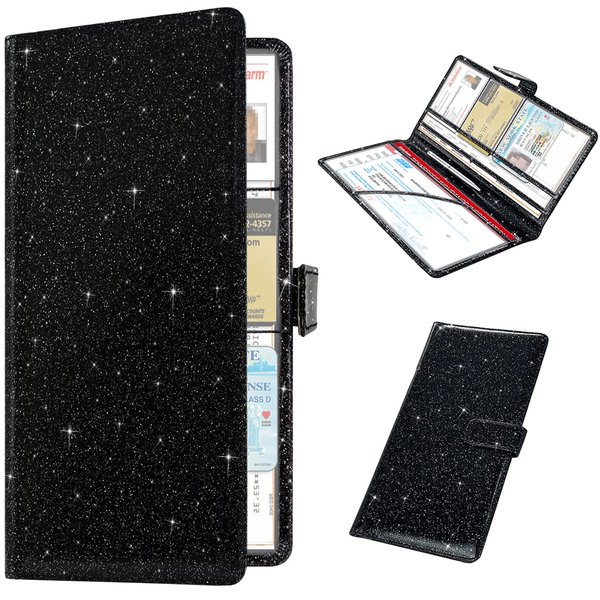 RSAquar Car Registration and Insurance Holder, Vehicle Glove Box Organizer Cool Car Accessories, Car Document Holder for Cards, Driver License & Essential Document, Black Glitter