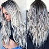 28" Natural Full Wigs Hair Long Wavy Wig Synthetic Heat Resistant Ombre Silver Gray Full Curly Wig with Free Wig Cap for Women Girls Party Cosplay Halloween Costume Accessories (Silver Grey)