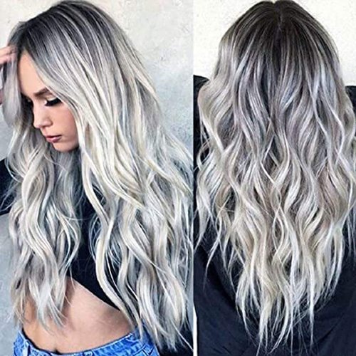 28" Natural Full Wigs Hair Long Wavy Wig Synthetic Heat Resistant Ombre Silver Gray Full Curly Wig with Free Wig Cap for Women Girls Party Cosplay Halloween Costume Accessories (Silver Grey)