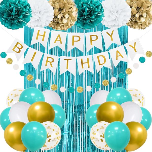 Teal Blue and Gold Birthday Party Decorations, Happy Birthday Banner Turquoise Aqua Teal Foil Fringe Curtain Tissue Pom Poms Balloons Décor Supplies for Men Women Boys Girls Birthday Party