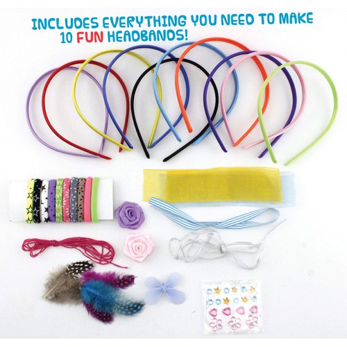 DIY Headband Kit - Headband Crafts For Girls - Includes 10 Satin Hairbands with Colorful Feathers, Fabric Flowers, Rhinestones, Ribbons, Thread, Butterfly and Decorative Bands
