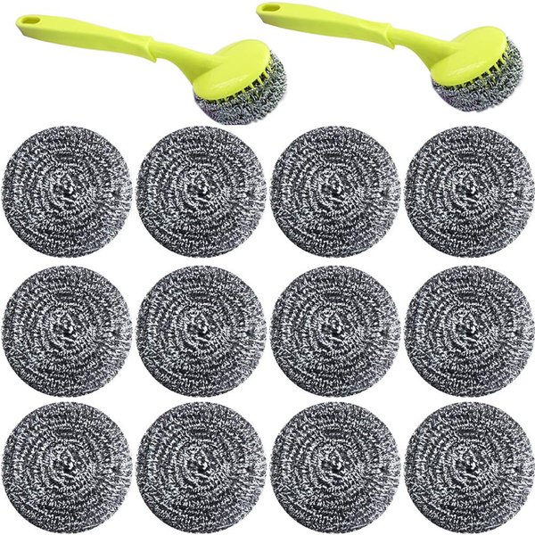 18 PCS Stainless Steel Sponges Scrubbers Cleaning Ball Utensil Scrubber Metal Scrubber Scouring Pads Ball for Pot Pan Dish Wash Cleaning for Removing Rust Dirty Cookware Cleaner with Handle (18 Pack)