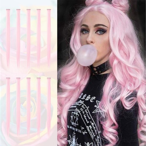 SOFEIYAN 10 Pcs Colored Hair Extensions Party Highlights Colorful Clip in Hair Extensions 22 Inch Straight Synthetic Hairpieces for Women Kids Girls Halloween Christmas Cosplay, 10pcs Pink