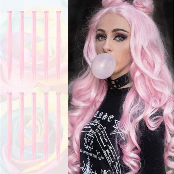 SOFEIYAN 10 Pcs Colored Hair Extensions Party Highlights Colorful Clip in Hair Extensions 22 Inch Straight Synthetic Hairpieces for Women Kids Girls Halloween Christmas Cosplay, 10pcs Pink
