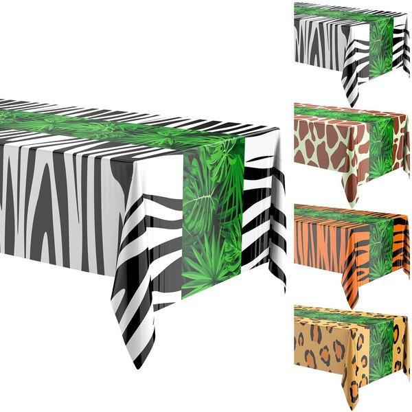 Oudain 4 Pcs Animal Safari Tablecloth Safari Theme Table Cover Tropical Leaf Animal Print Table Cloths Wild Animal Party Decorations Jungle Party Decor Zoo Party Supplies for Birthday Baby Shower