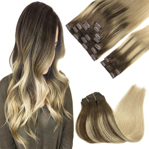 GOO GOO Clip in Hair Extensions Real Human Hair, 22inch 150g 9Pcs, 4/18 Balayage Chocolate Brown Highlighted Dirty Blonde, Remy Human Hair Extensions Clip ins for Women, Natural Human Hair