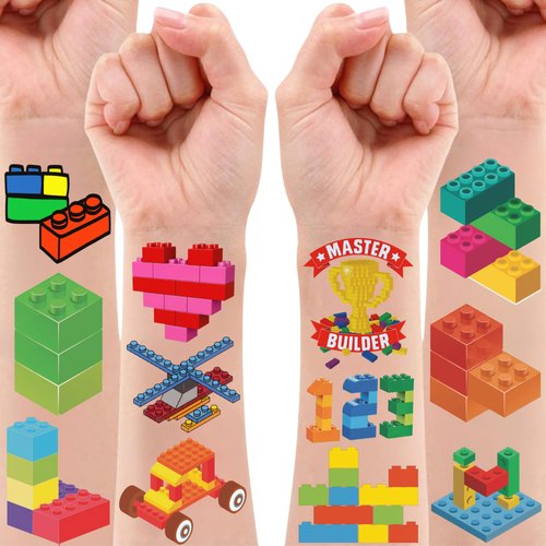Building Block Temporary Tattoos Stickers Birthday Decorations Gift For Kids Party Supplies Favors Waterproof Outdoor Activity Colorful Outdoor Building Playing Lovely Childs Aldult Joyful
