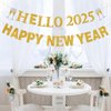 TC.ES Happy New Year 2025 Banner, No DIY, Gold and Black Glittery New Year Holiday Themed Party Decorations for Mantle