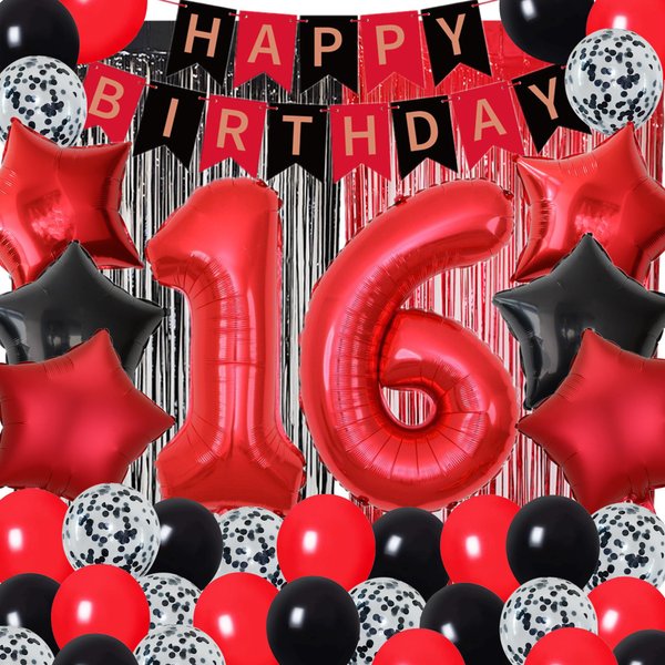 16th Birthday Decorations for Boys Red and Black 16th Happy Birthday Banner Sixteen Birthday Supplies Number 16 Balloon Foil Fringe Curtains Latex Balloons for Him Her 16 Year Old Birthday Party