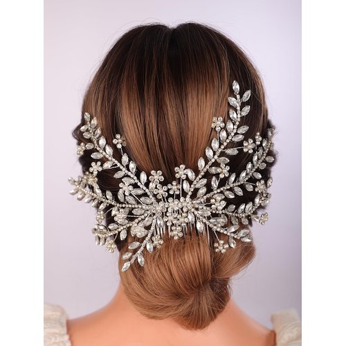 BERYUAN Wedding Crystal Rhinestone Pearls Hair Comb Flowers Rhinestone Pearls Hair Comb Big Silver Rhinestone Comb for Wedding Sparkly Rhinestone Crystal Headpiece for Brides Bridesmaid