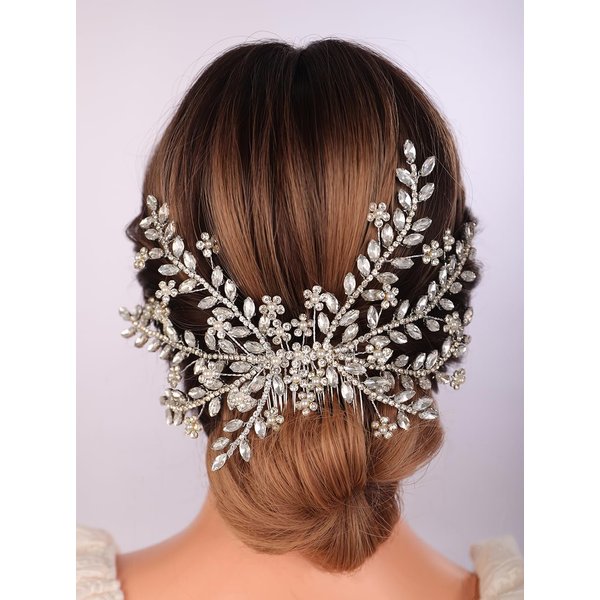 BERYUAN Wedding Crystal Rhinestone Pearls Hair Comb Flowers Rhinestone Pearls Hair Comb Big Silver Rhinestone Comb for Wedding Sparkly Rhinestone Crystal Headpiece for Brides Bridesmaid