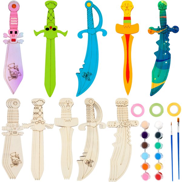 31 Pcs Make You Own Pirates Wooden Swords Set Including 20 Pcs DIY Wood Swords Bulk 3 Pcs Ribbon with 8 Pcs Painting Props for Kids Adults Halloween Art Activity Cosplay Supplies Birthday Gifts
