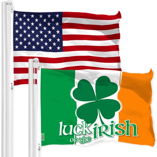 G128 Combo Pack: American USA Flag 3x5 Ft & Ireland Irish Luck of the Irish Flag 3x5 Ft | Both LiteWeave Pro Series Printed 150D Polyester, Brass Grommets