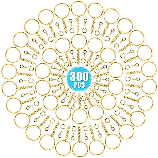 Keychain Rings Kit for Crafts Gold, PAXCOO Includes 100Pcs Split Key Ring with Chain, 100pcs Jump Rings and 100pcs Screw Eye Pins for Resin Keychain Making