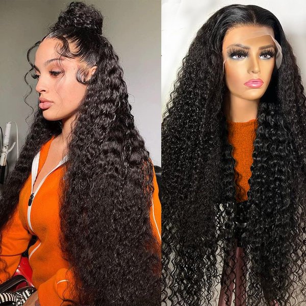 Hswpawk 13x6 Deep Wave Lace Front Wigs Human Hair HD Transparent Lace Front Wigs Human Hair Pre Plucked 180% Density Glueless Wigs Human Hair with Baby Hair Deep Curly Wigs for Women Natural Color 24