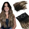 Ugeat Real Hair Etensions Clip In Human Hair Natural Black to Dark Brown Mix Caramel Brown Balayage Invisible Clip In Hair Extensions Human Hair Thick End 20 inch 7pcs 120g(105g Hair+15g Clips)