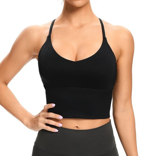 Lemedy Women Sports Bras Strappy Longline Fitness Padded Workout Yoga Running Crop Tank Tops (Black, Small)