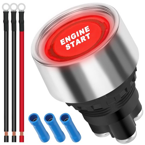 12V-24V/50A Push Start Ignition Switch Momentary Engine Start Push Button Switch RED LED Car Starter Stop Button Switch SPST ON-Off with Terminal Wire Cold Pressed Connector for Truck RV