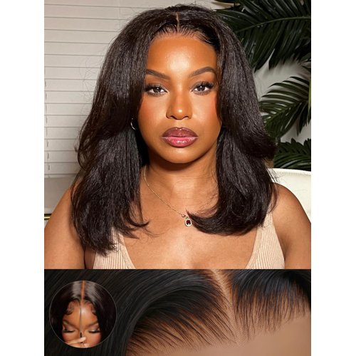 Sunber Yaki Straight Bob Bye Bye Knots 7x5 Lace Front Glueless Wear and Go Human Hair Wigs Pre Plucked Invisible Knots Pre Everything 3S Ready to Wear Short Yaki Bob Pre Cut Lace 150% Density 12Inch