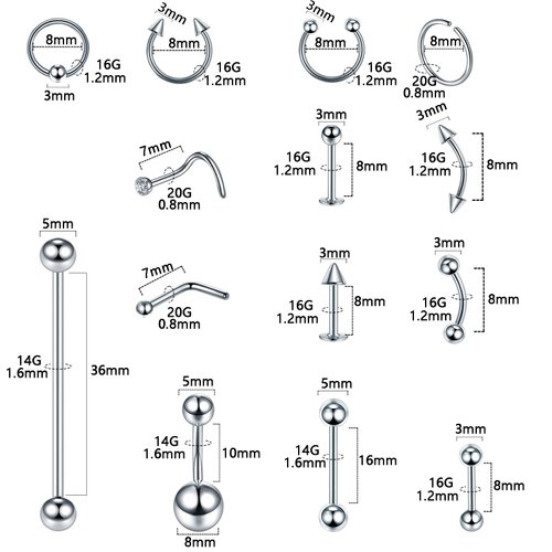 ChiMunllin 120PCS Body Piercing Kit Surgical Steel 14G 16G 20G BCR CBR Labret Lip Rings Cartilage Daith Earrings Nose Septum Nose Studs Belly Button Rings Jewelry Needles Gloves Clamps Tools
