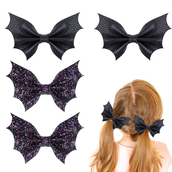 4Pcs Halloween Black Bat Hair Clips for Women Girls, Halloween Bows Hair Clips Alligator Barrette Gothic Bat Wing Hair Accessories for Kids Cosplay Costume Party (Black Bat 4pcs)