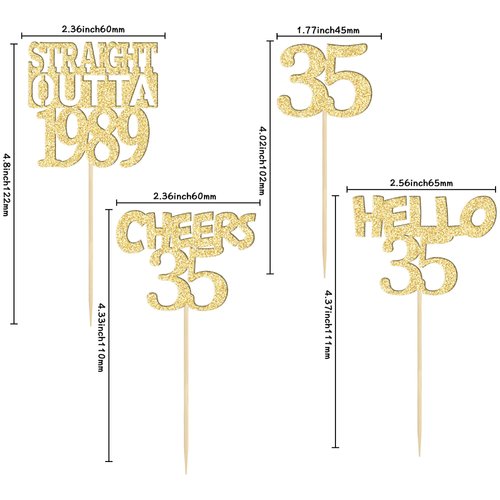 Gyufise 24Pcs Happy 35th Cupcake Toppers Glitter Thirty-five Straight Outta 1989 Cupcake Picks Cheers to 35 Years Birthday Cake Decorations for Happy 35th Birthday Anniversary Party Supplies Gold
