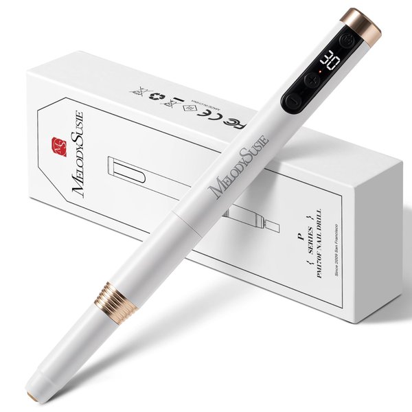 MelodySusie PM170F Nail Drill for Acrylic Nail Kit, Rechargeable Lightweight Cordless 30000RPM Nail File 30 Speeds, 6 in 1 Manicure Nail Set with Nail Drill Bits Sanding Bands Polishing Tool, White
